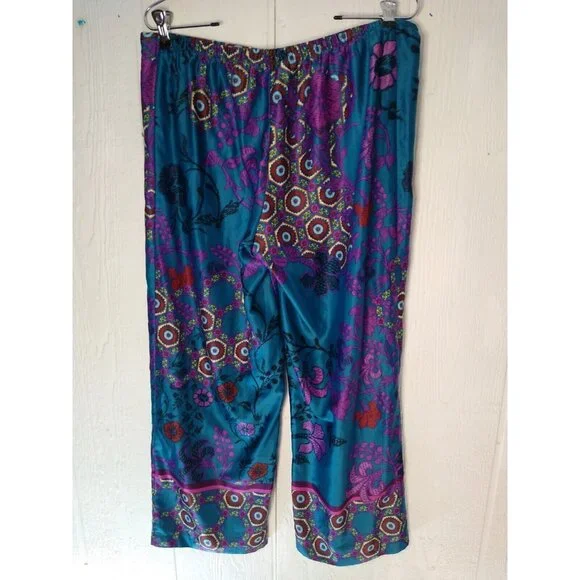 Natori Floral Pajama Pants Womens S Teal Silky Sleep Lounge Wear Cropped Pull On - Picture 5 of 9